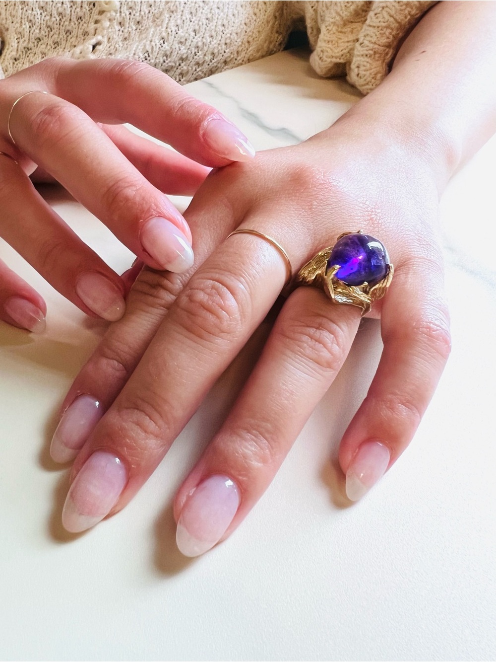 1970s 14K Gold Cabochon Amethyst Handmade Custom Ring Size 6.75